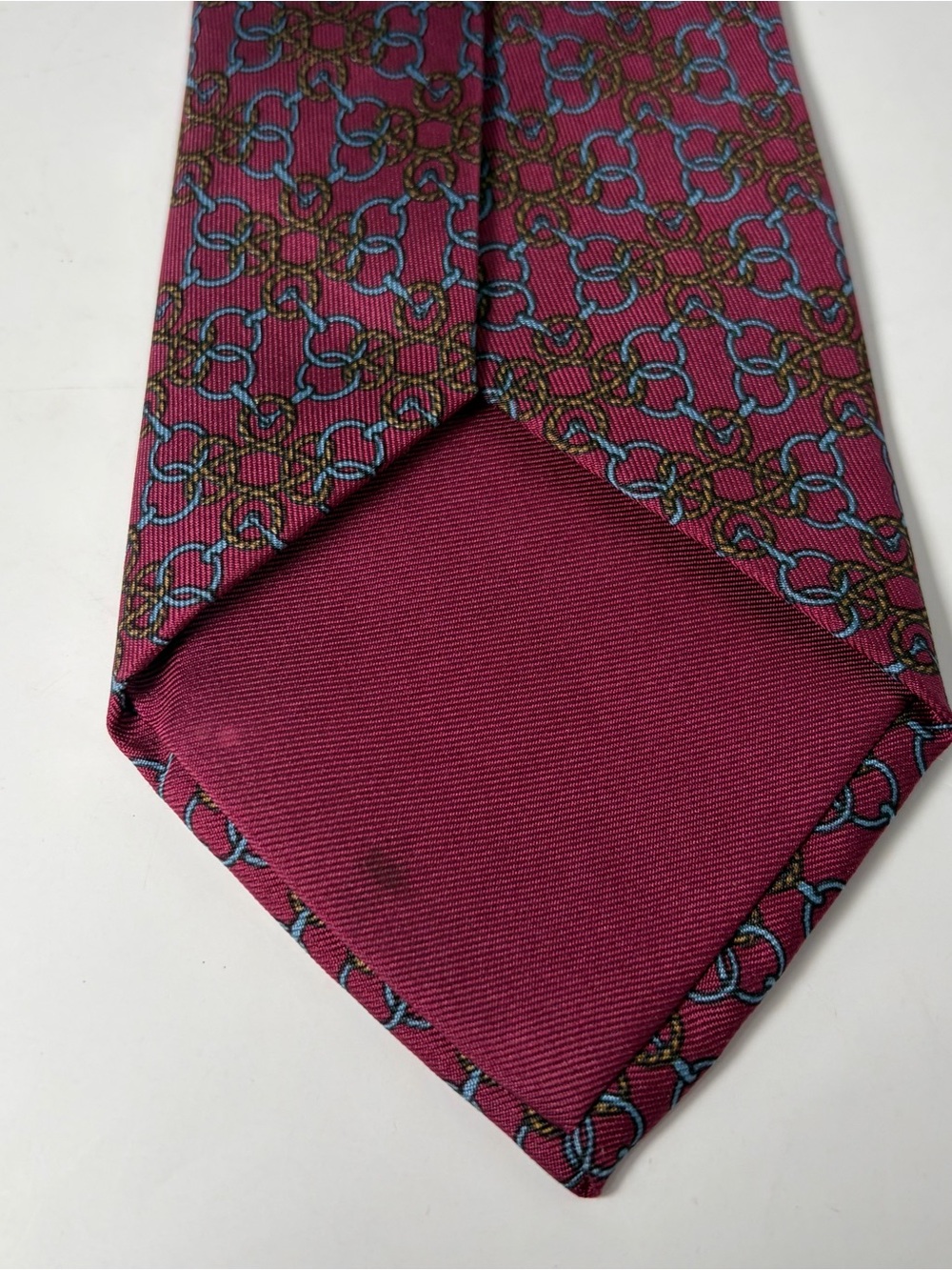 Hermes Men’s Silk Interlocking Horse Bit Pattern Tie Burgundy, Light Blue 760 UA - Picture 4 of 7